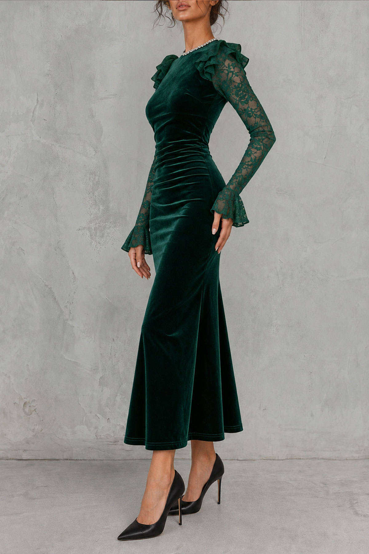 Arlette Rhinestone Ruffle Midi Dress