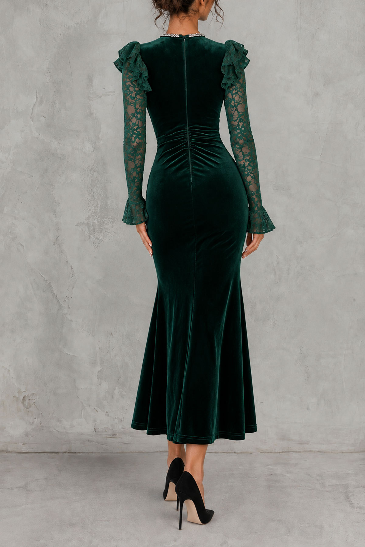 Arlette Rhinestone Ruffle Midi Dress