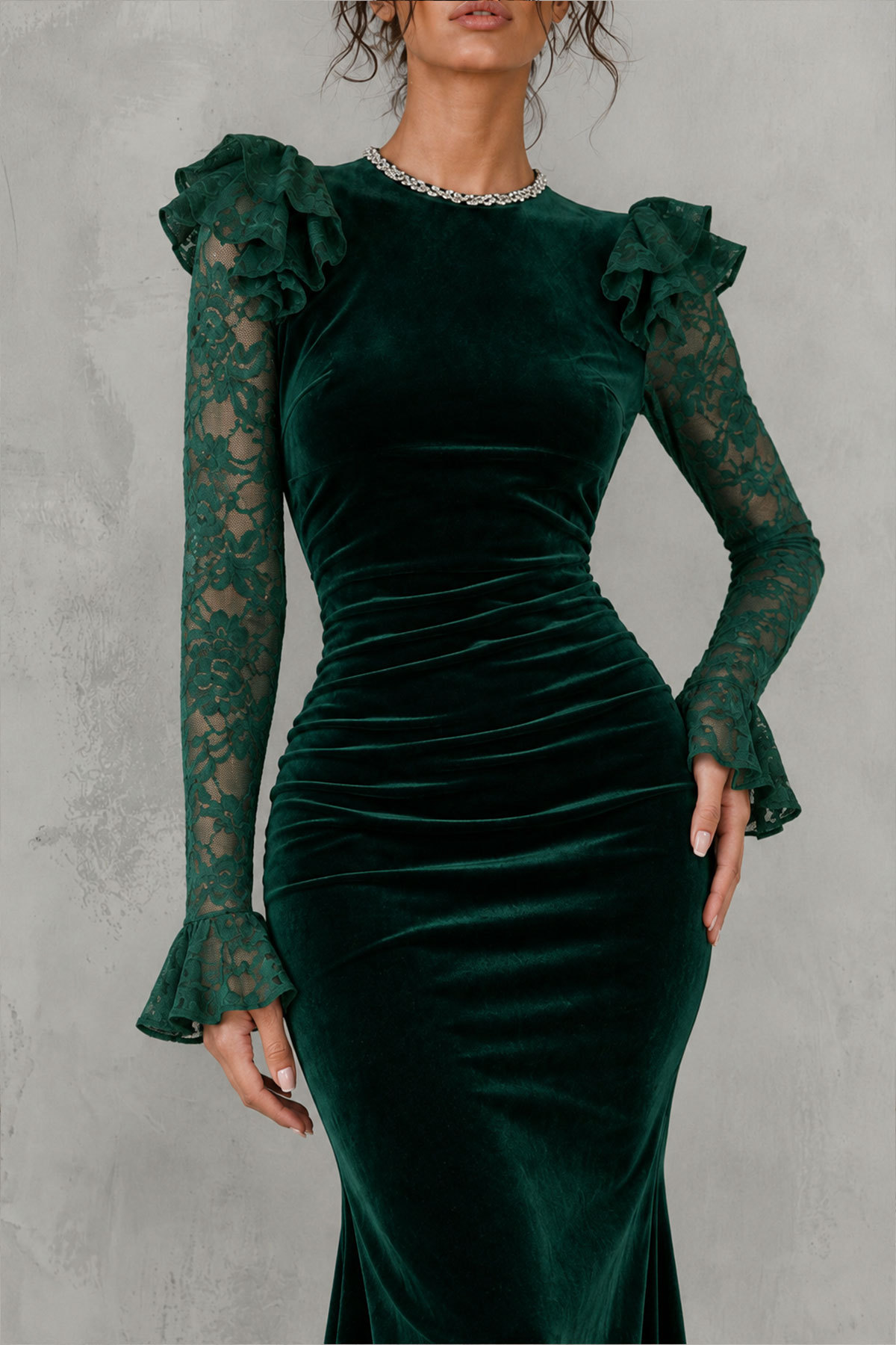 Arlette Rhinestone Ruffle Midi Dress