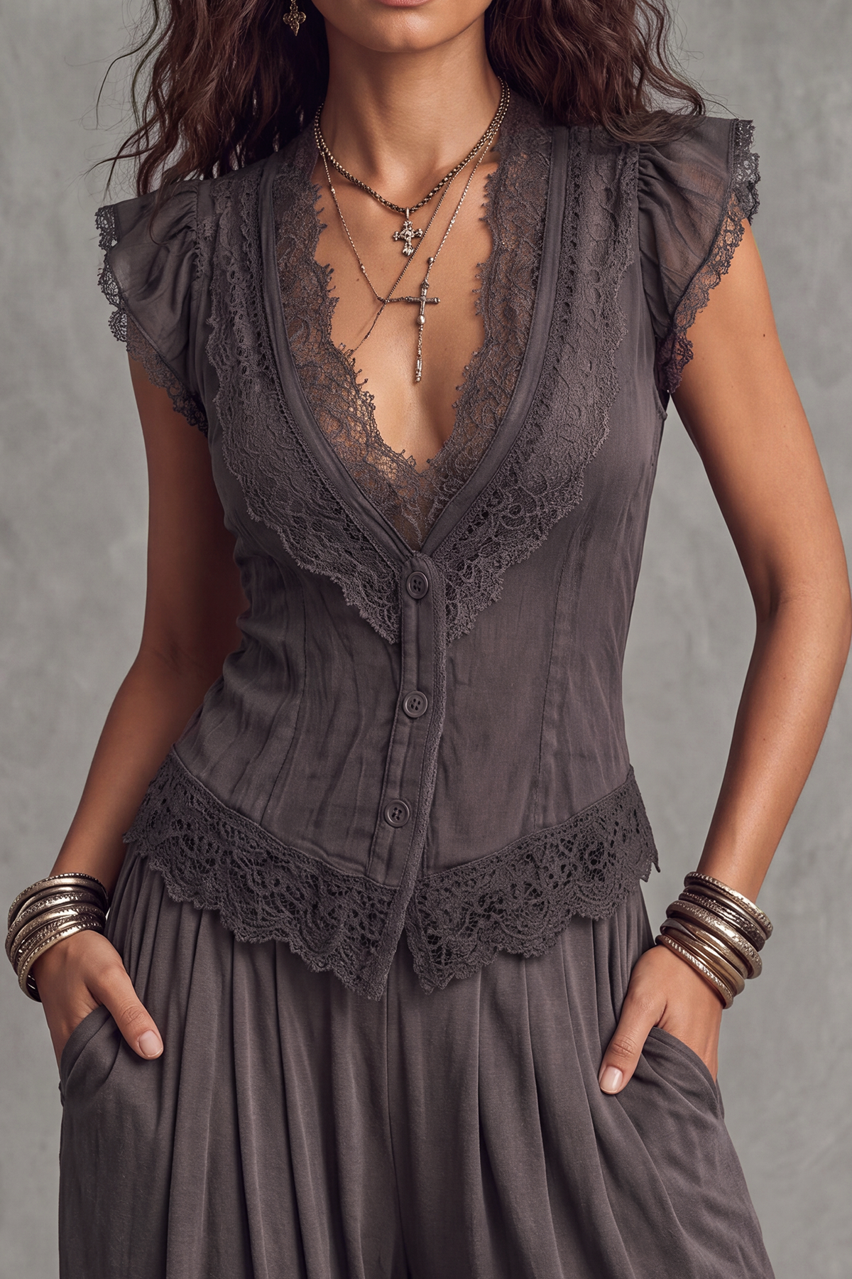 Arthea Plunge Neck Lace Button Top