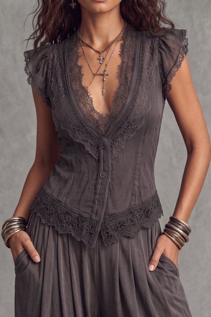 Arthea Plunge Neck Lace Button Top