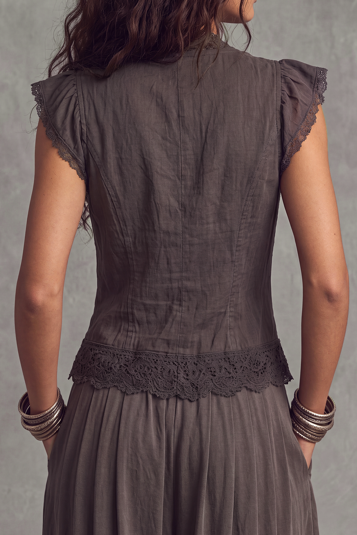 Arthea Plunge Neck Lace Button Top