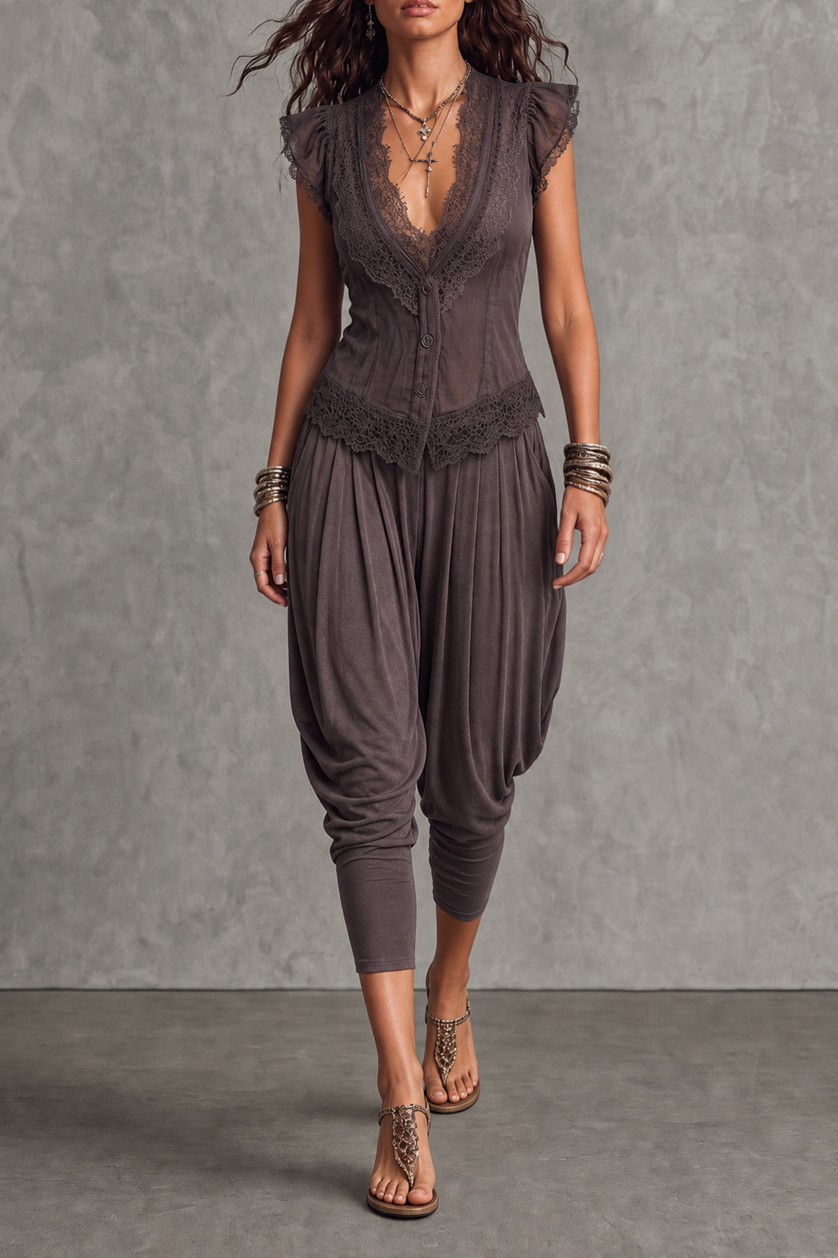 Arthea Plunge Neck Lace Button Top