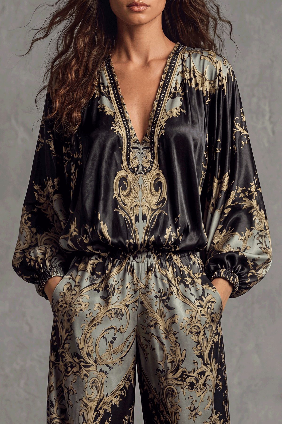 Ashton Plunge Neck Floral Pants Set 