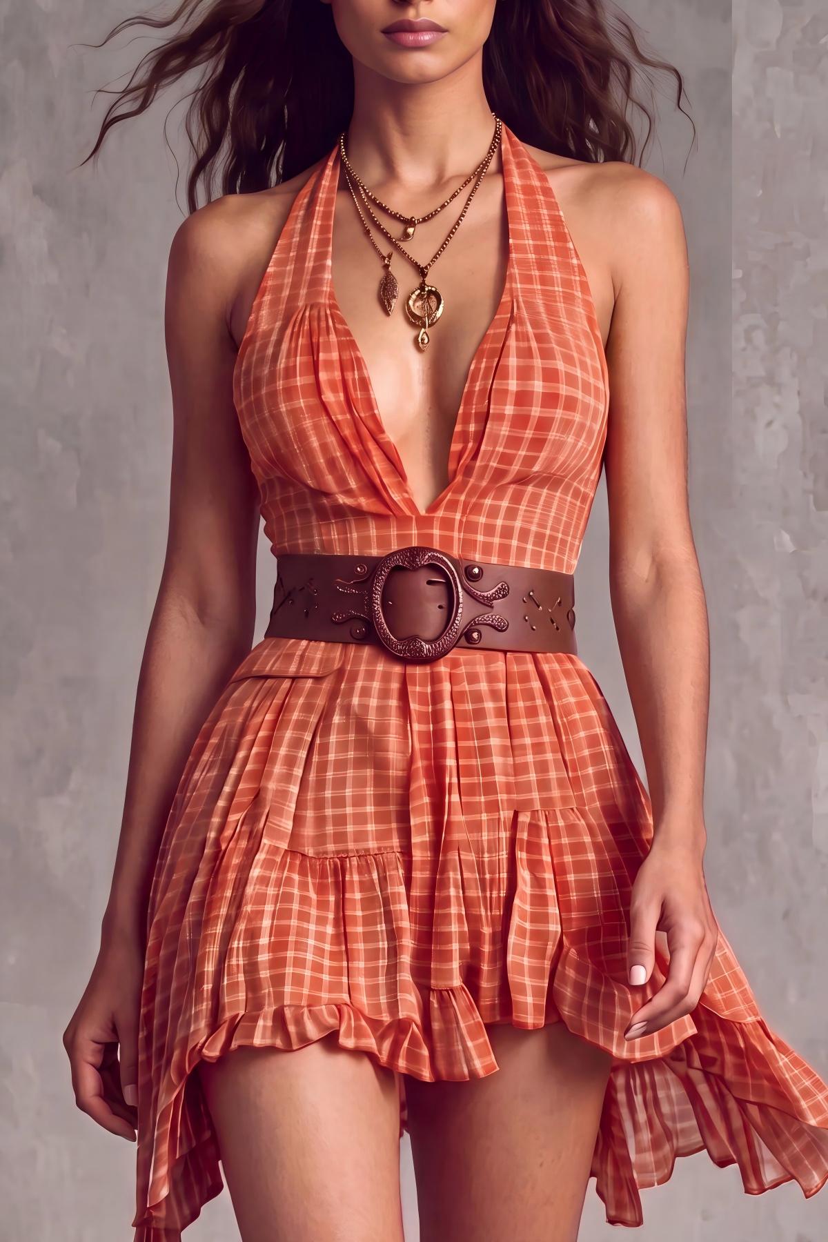 Aurora Plunge Neck Plaid Mini Dress