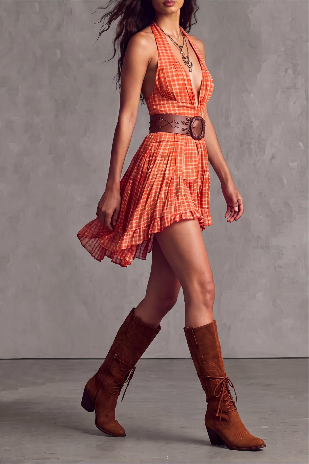 Aurora Plunge Neck Plaid Mini Dress