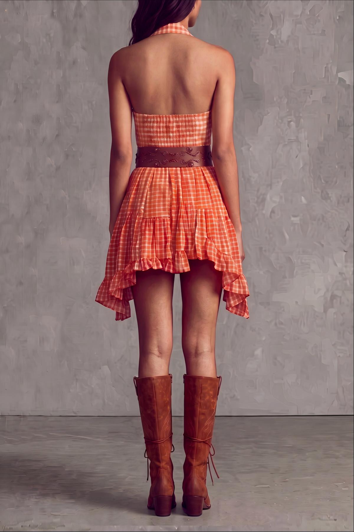 Aurora Plunge Neck Plaid Mini Dress