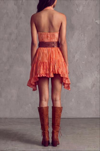 Aurora Plunge Neck Plaid Mini Dress