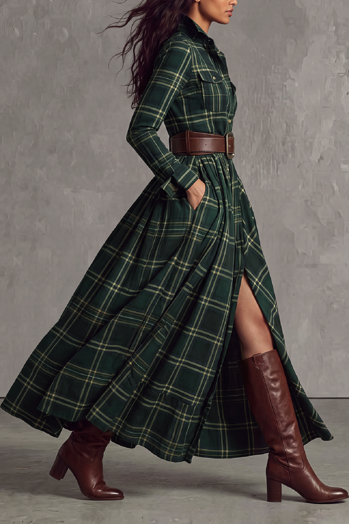 Faye Plaid Shirt Maxi Dress In Green