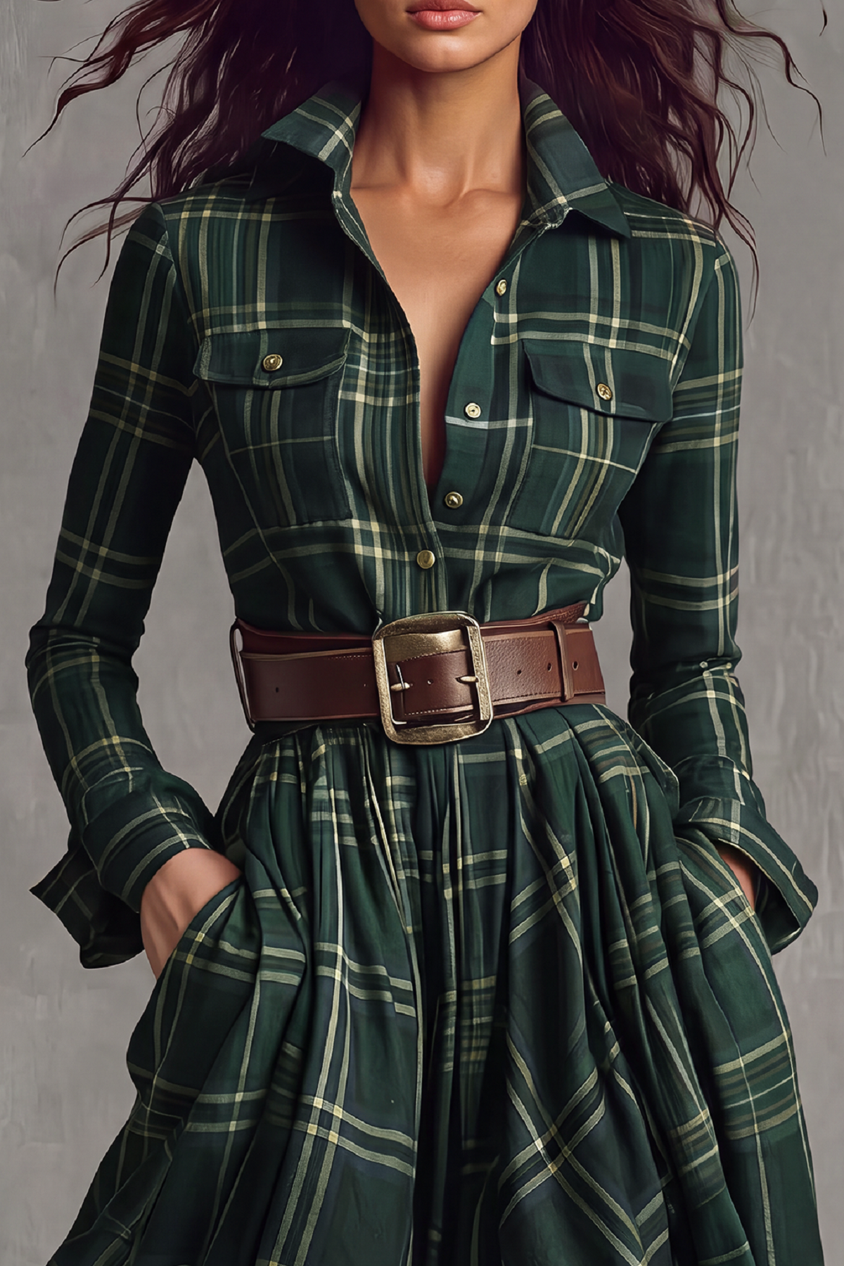 Faye Plaid Shirt Maxi Dress In Green