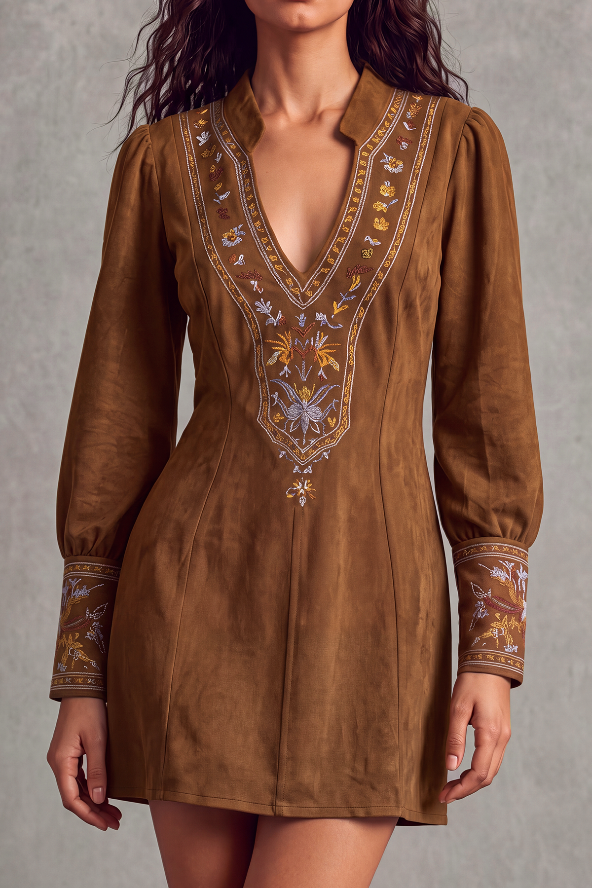 Avenyx Plunge Neck Floral Embroidery Mini Dress