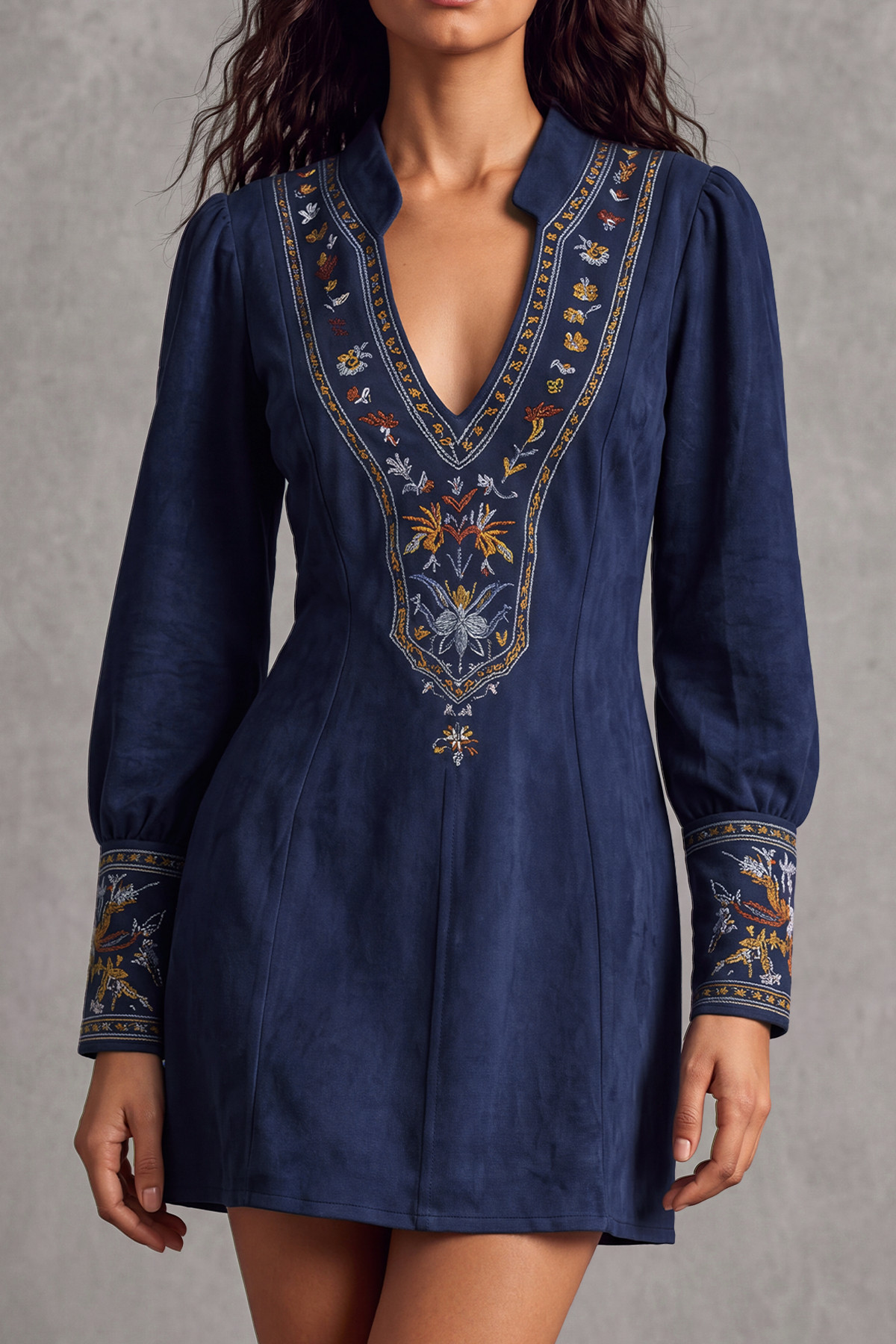 Avenyx Plunge Neck Floral Embroidery Mini Dress In Navy
