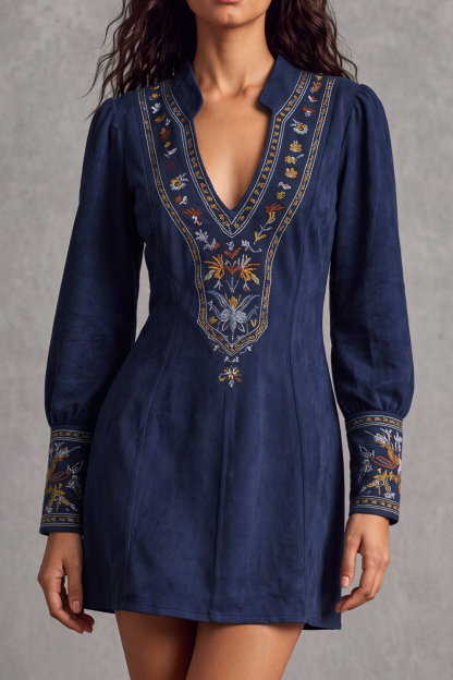 Avenyx Plunge Neck Floral Embroidery Mini Dress In Navy