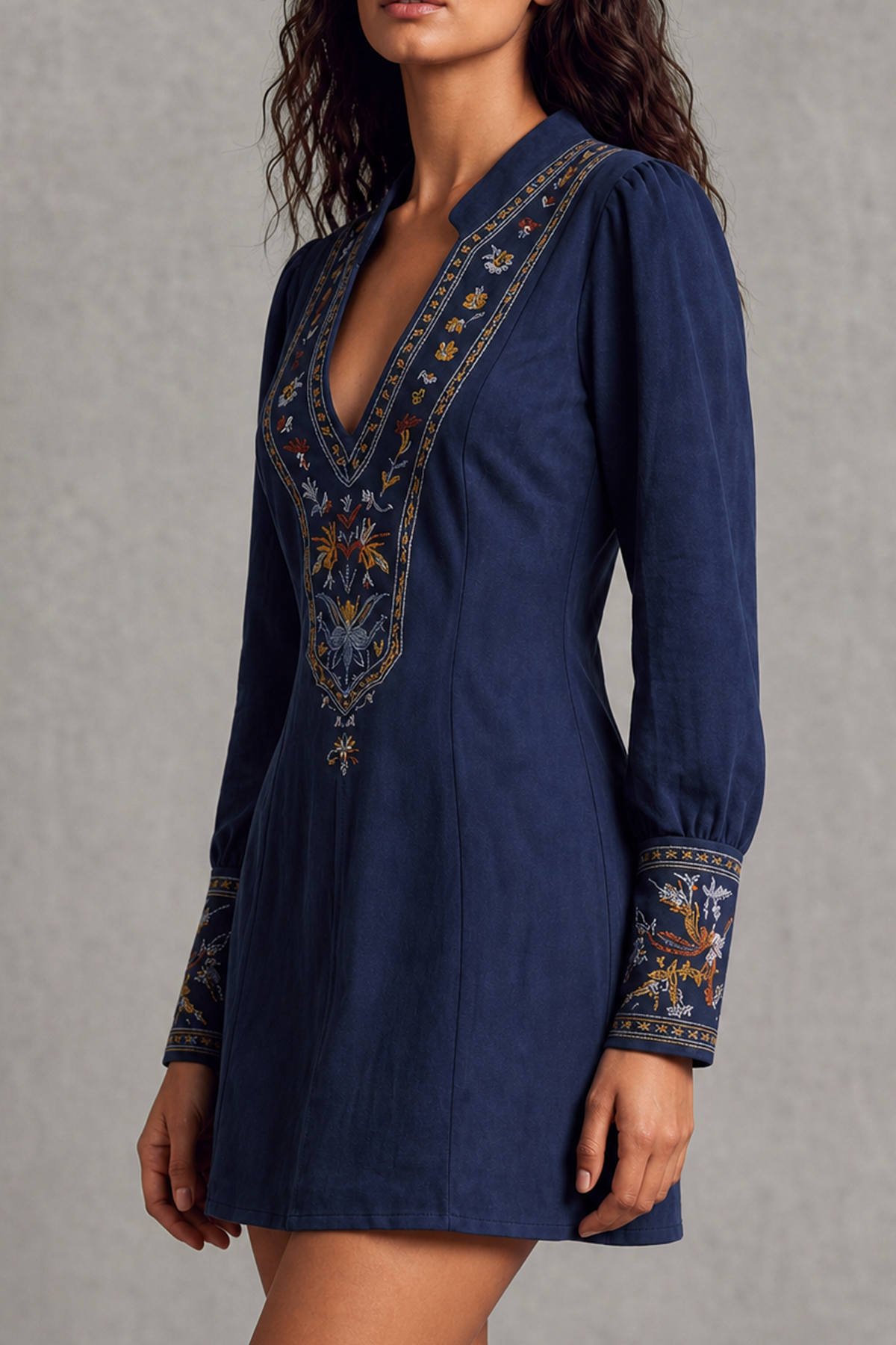 Avenyx Plunge Neck Floral Embroidery Mini Dress In Navy