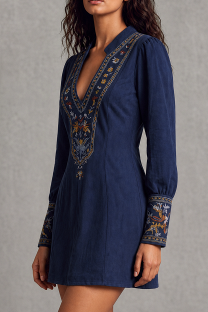 Avenyx Plunge Neck Floral Embroidery Mini Dress In Navy