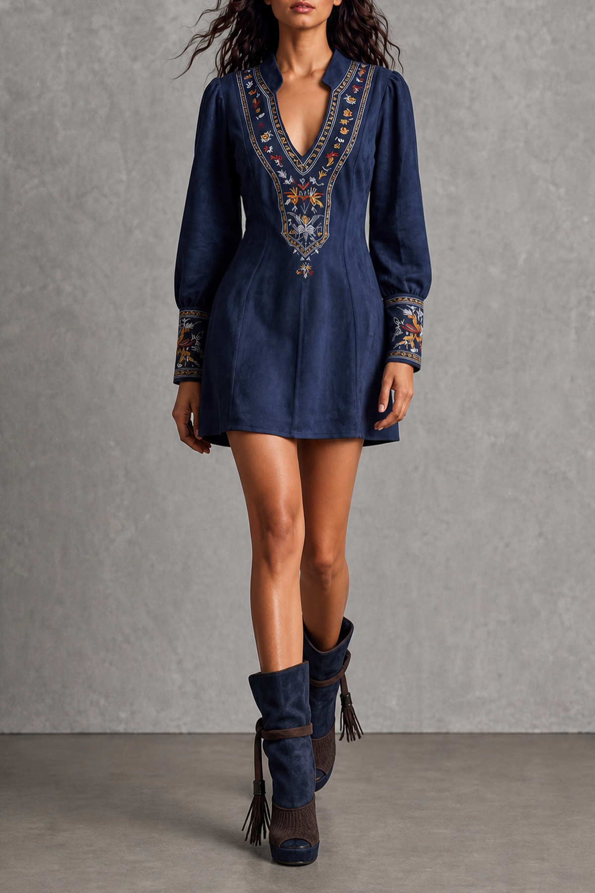 Avenyx Plunge Neck Floral Embroidery Mini Dress In Navy