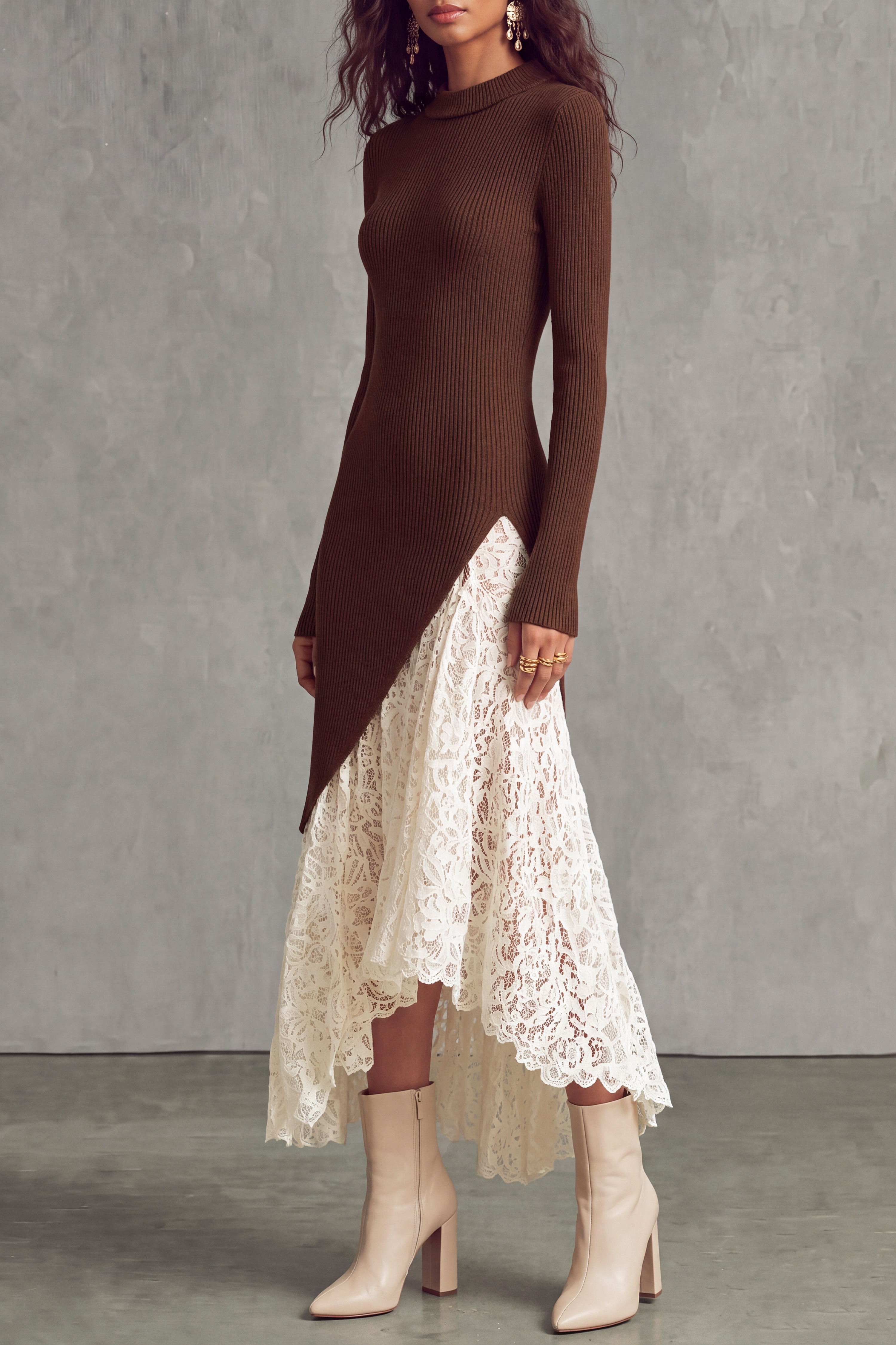 Aviana Knit Lace Asymmetrical Midi Dress
