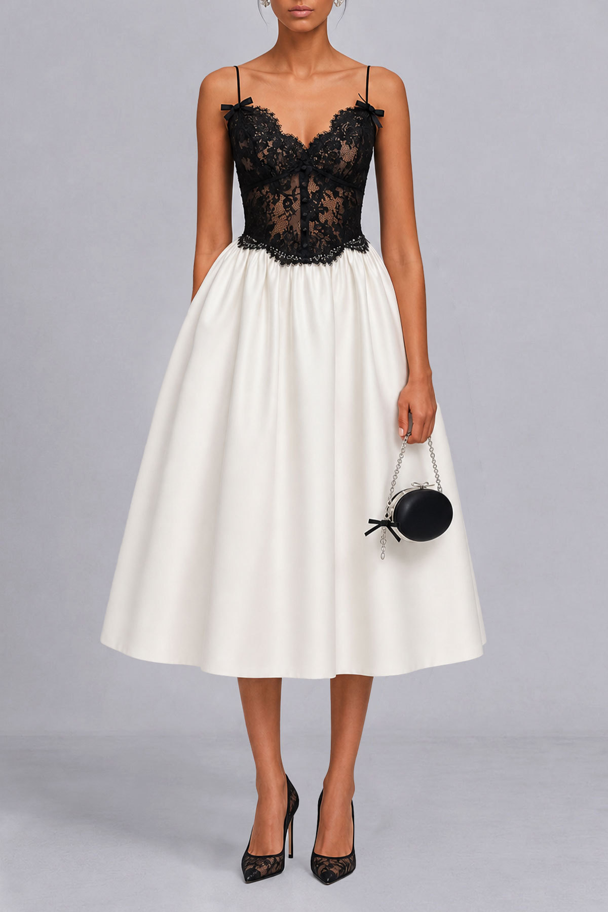 Becca Spaghetti Bow Lace Midi Dress
