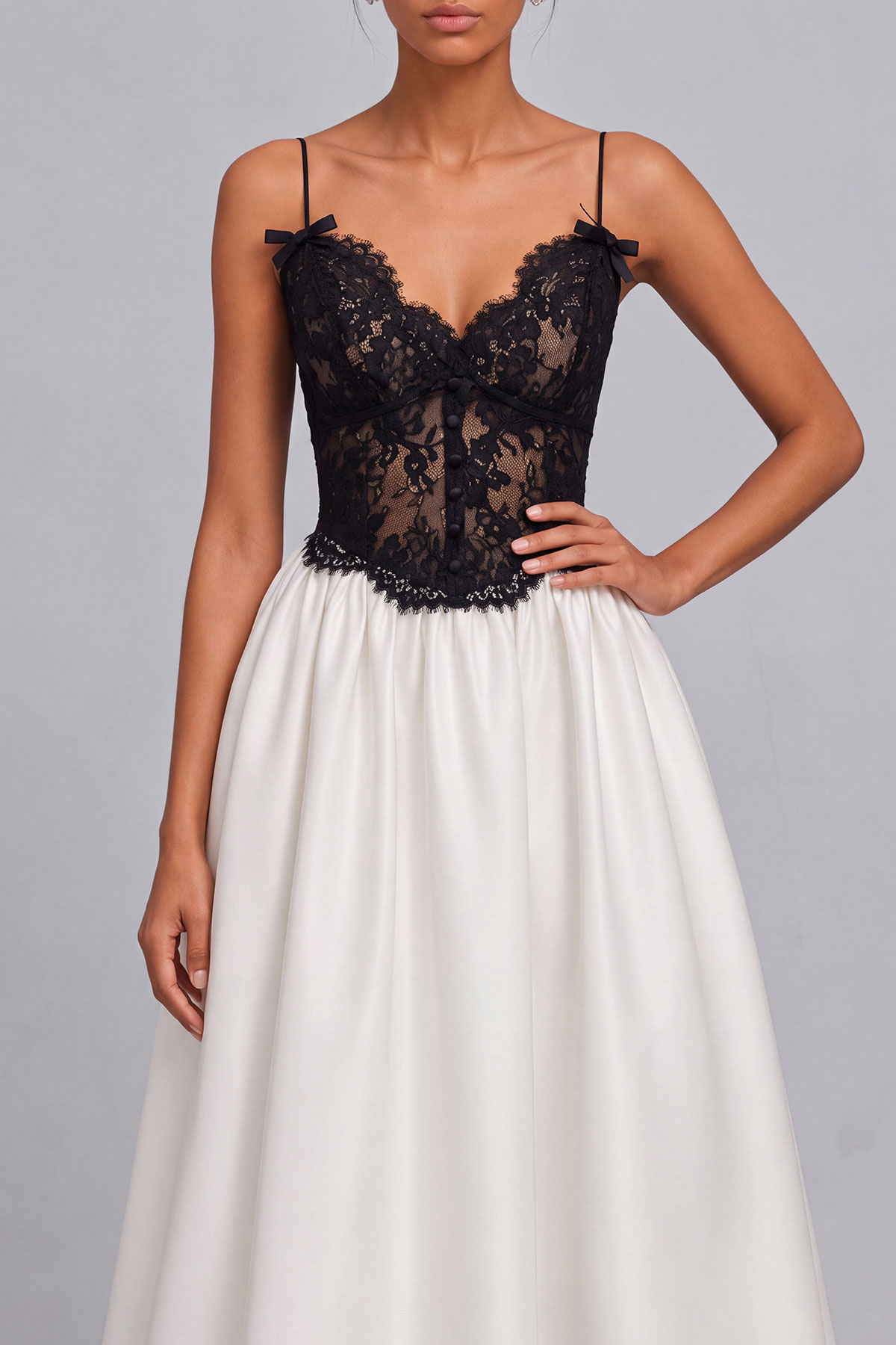 Becca Spaghetti Bow Lace Midi Dress