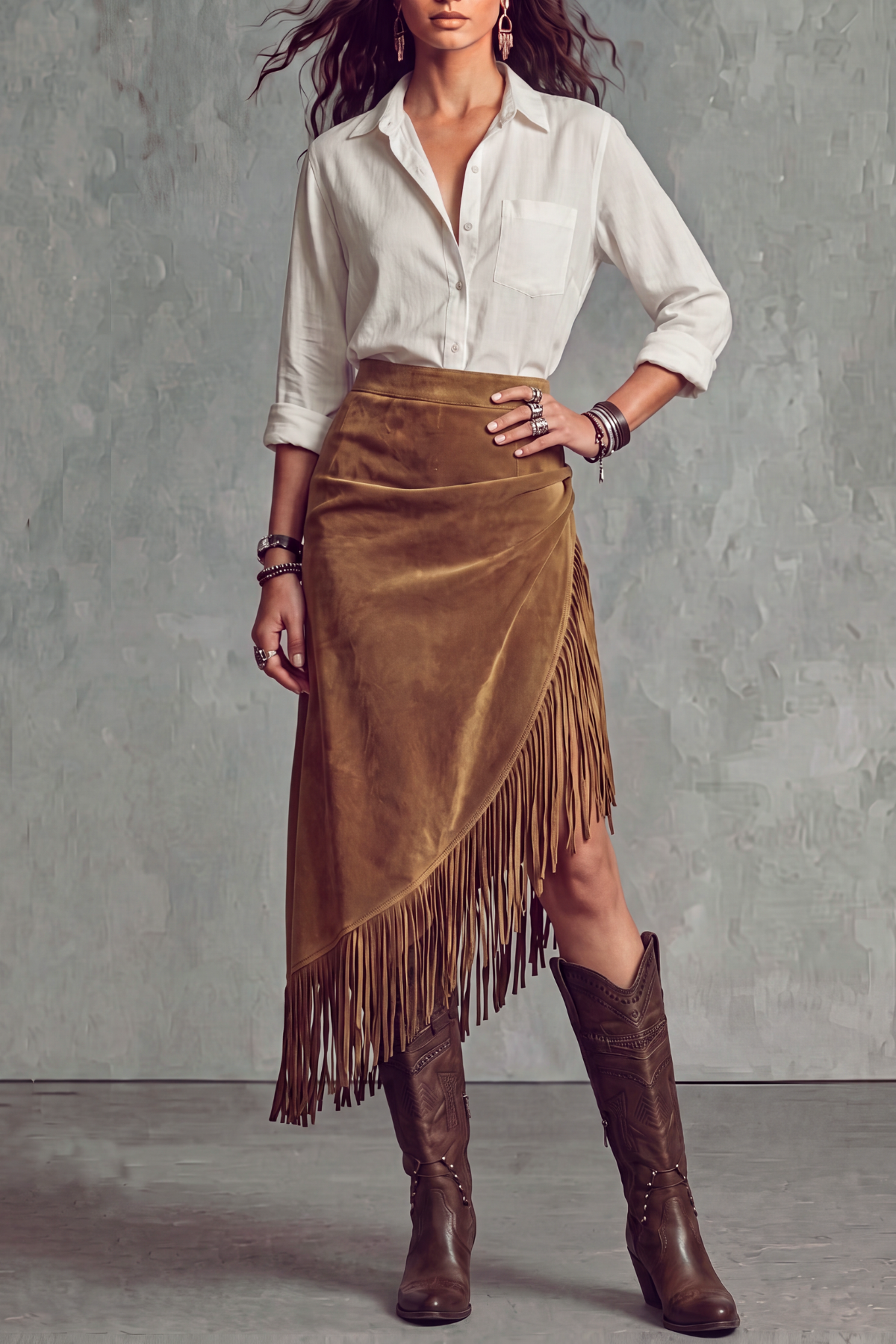 Bellure Asymmetric Fringe Midi Skirt 
