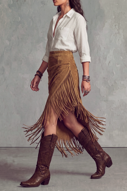 Bellure Asymmetric Fringe Midi Skirt 