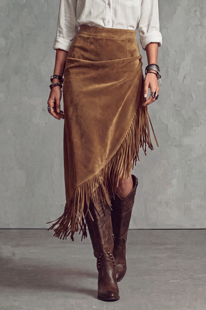 Bellure Asymmetric Fringe Midi Skirt 