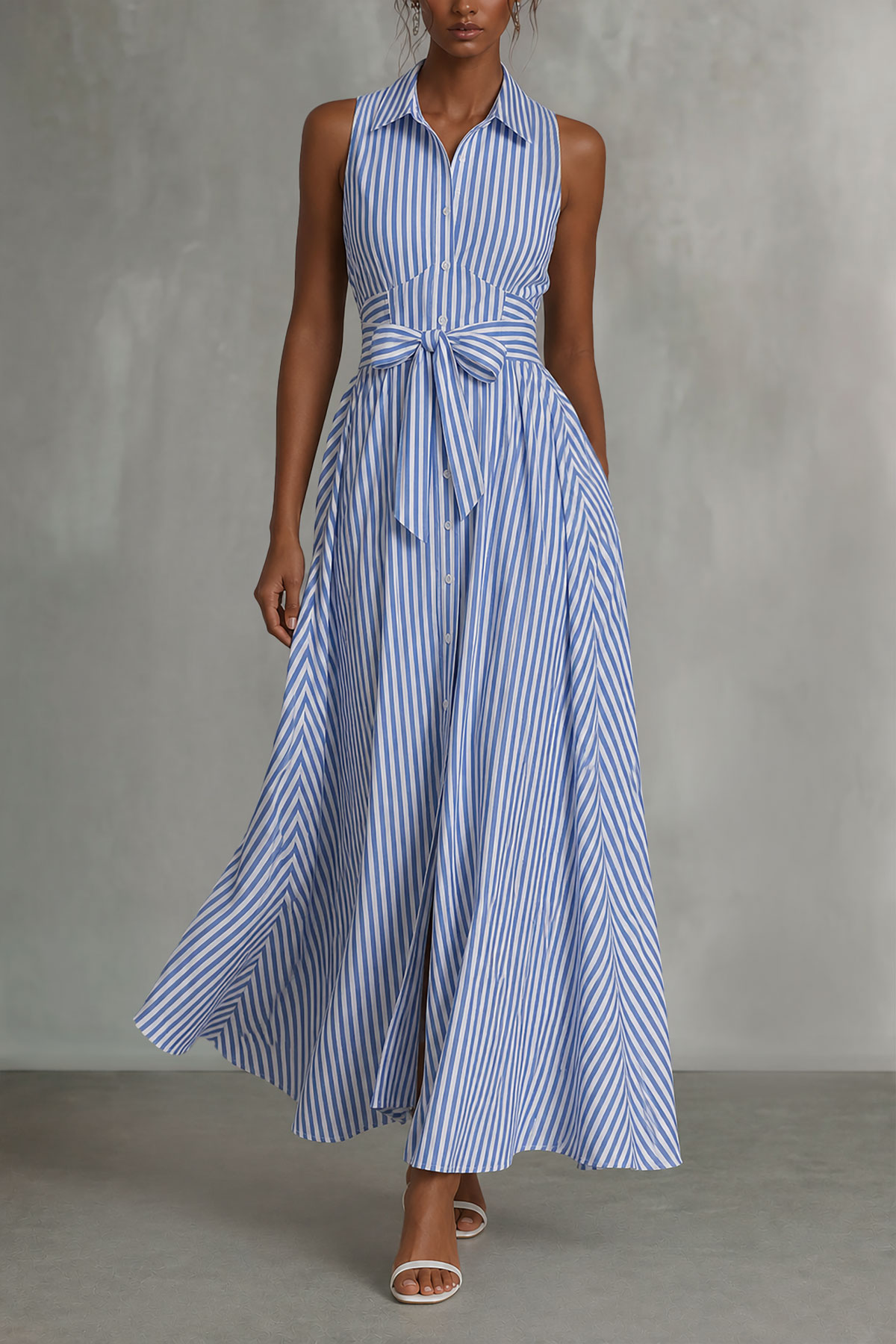 Briana Stripe Button Tie Up Midi Dress