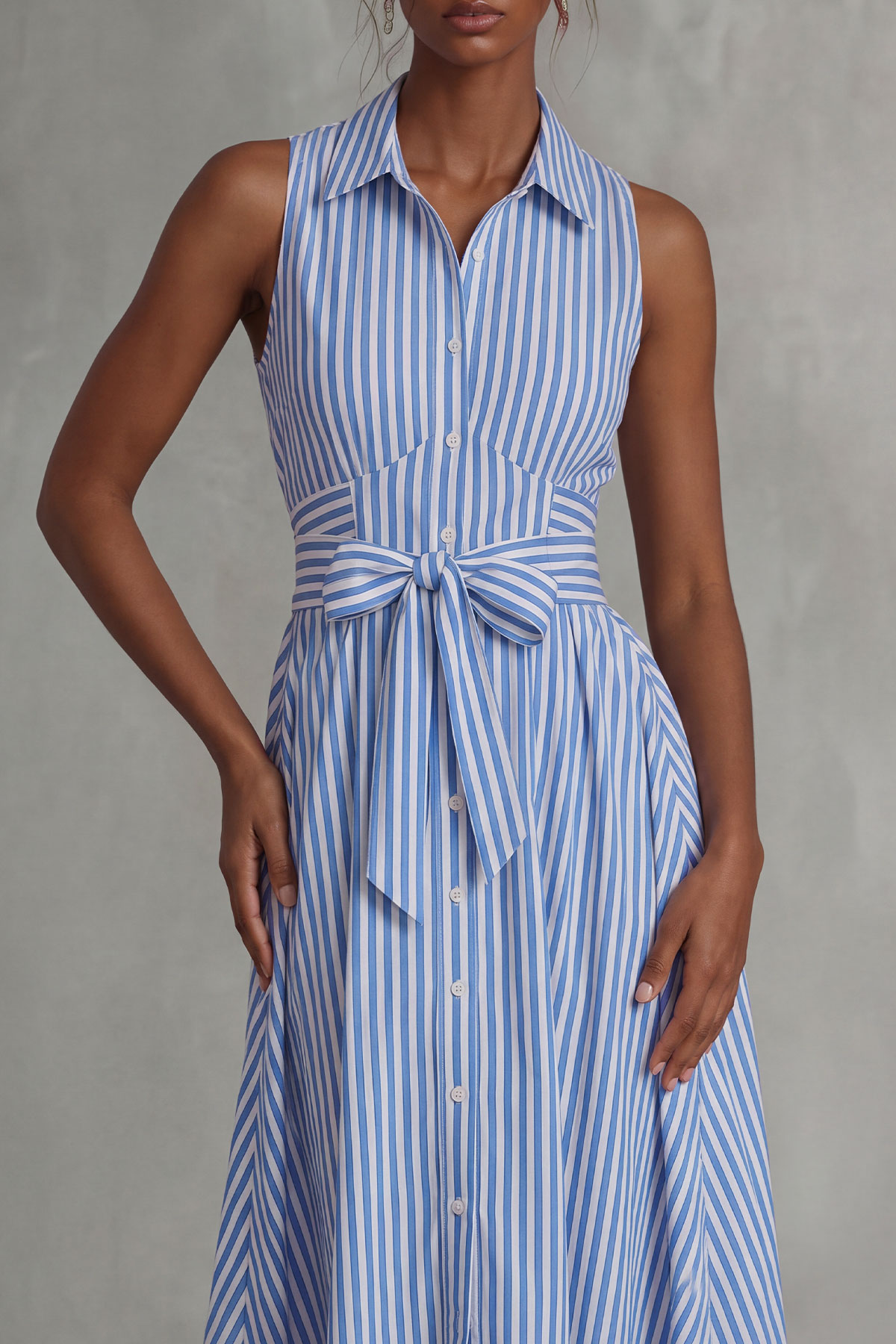 Briana Stripe Button Tie Up Midi Dress