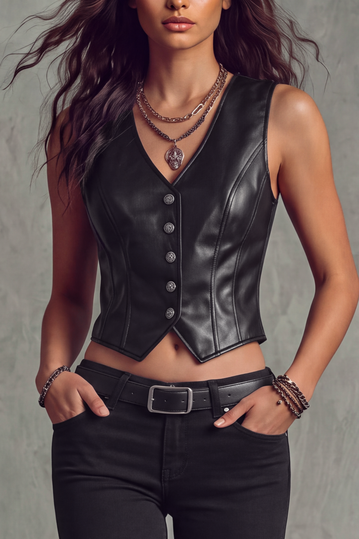 Briselle V Neck Leather Button Vest Top