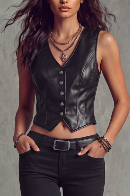 Briselle V Neck Leather Button Vest Top