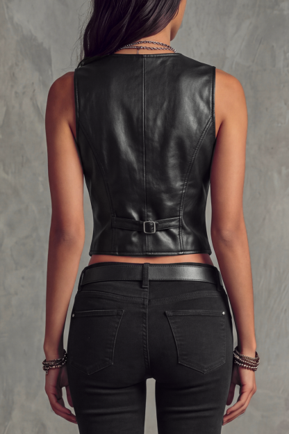 Briselle V Neck Leather Button Vest Top