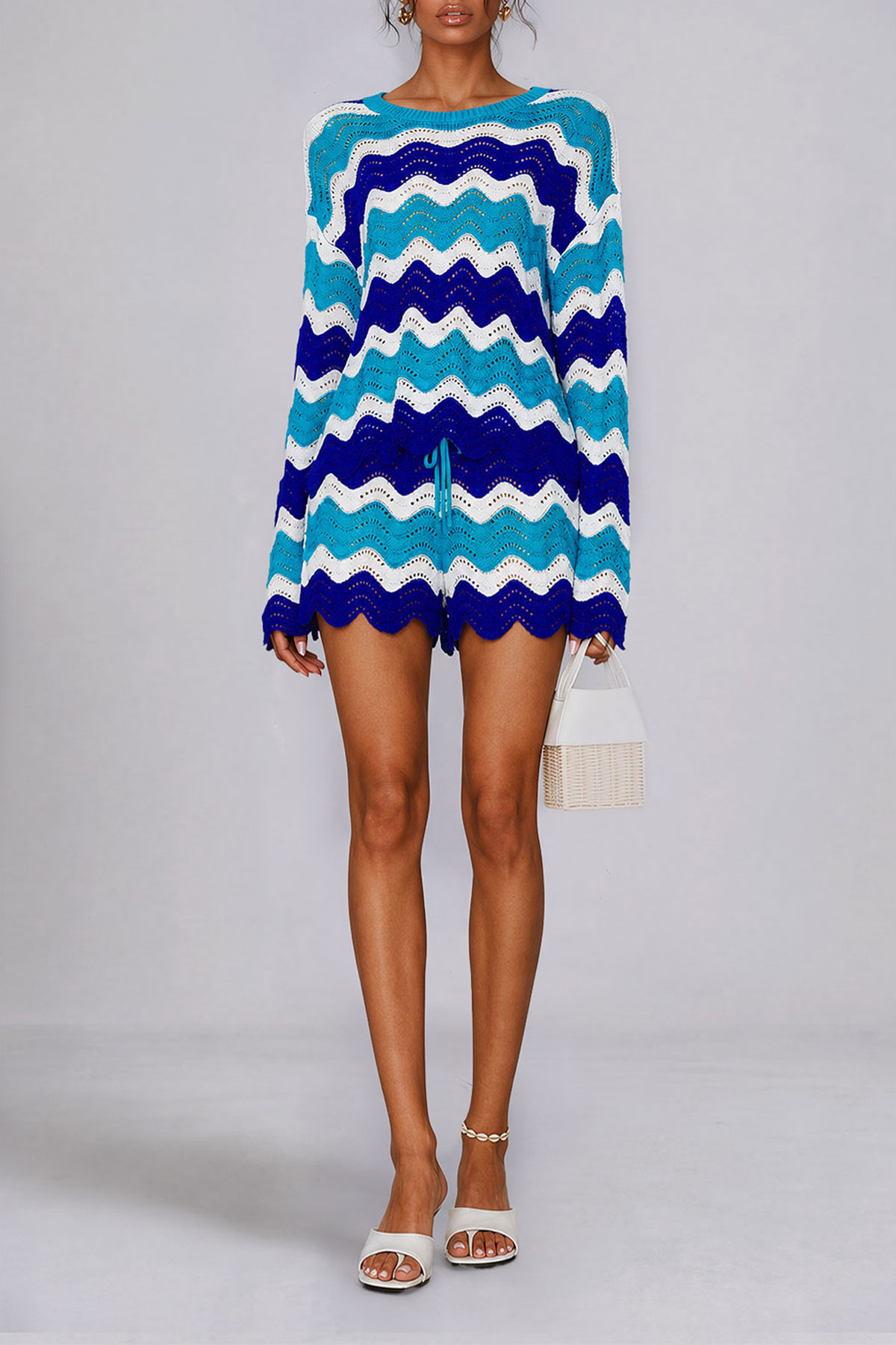 Brooke Stripe Knit Long Sleeve Shorts Set