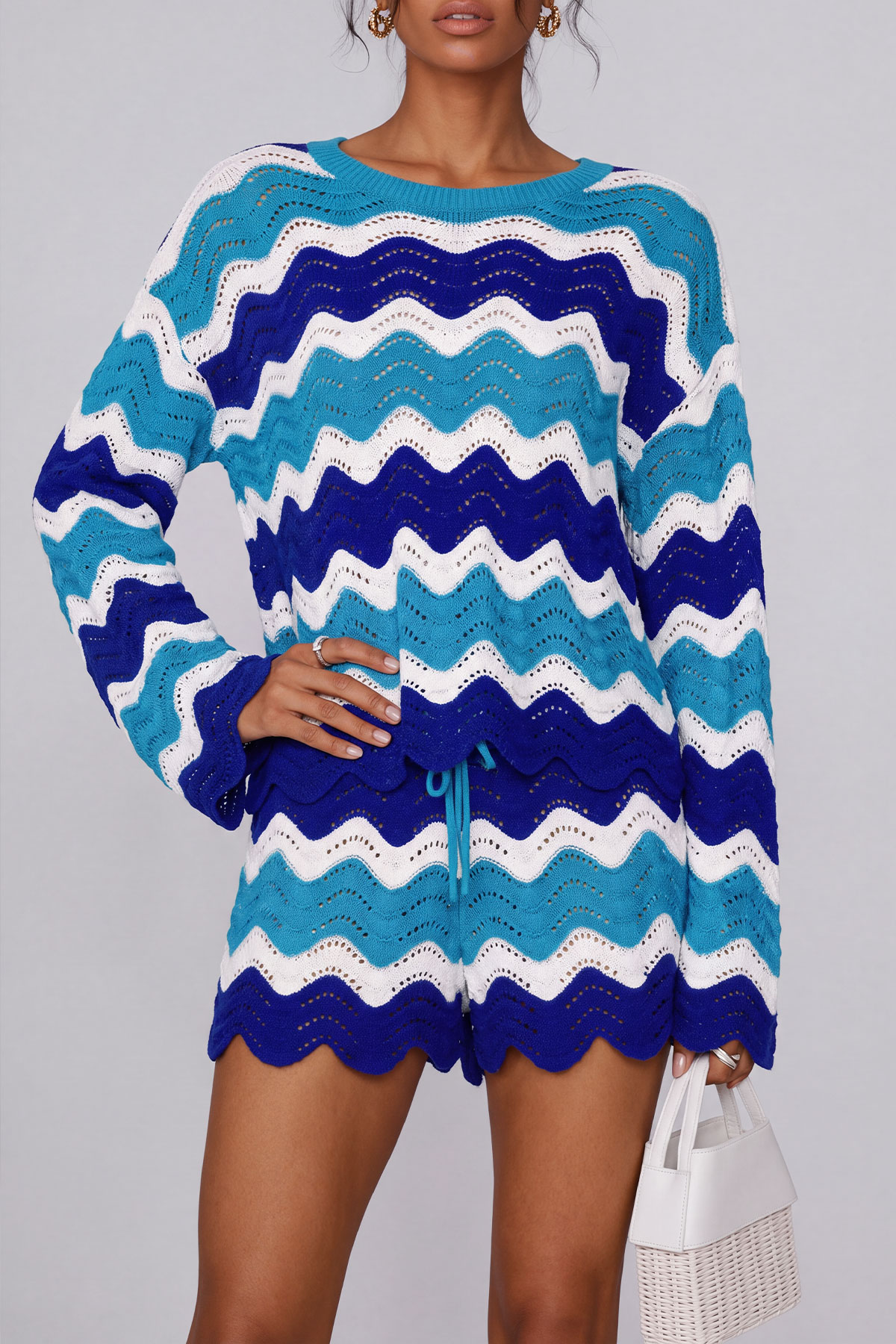 Brooke Stripe Knit Long Sleeve Shorts Set