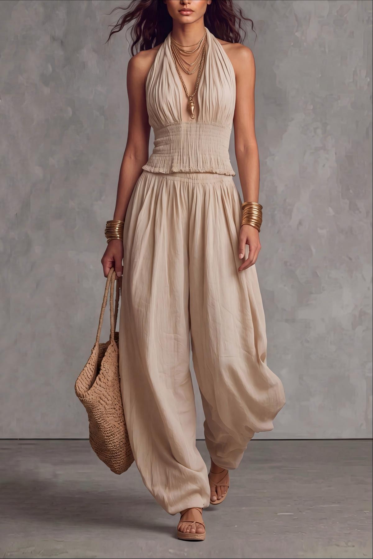 Caelune Halter Backless Wide Pants Set 