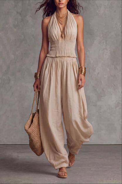 Caelune Halter Backless Wide Pants Set 