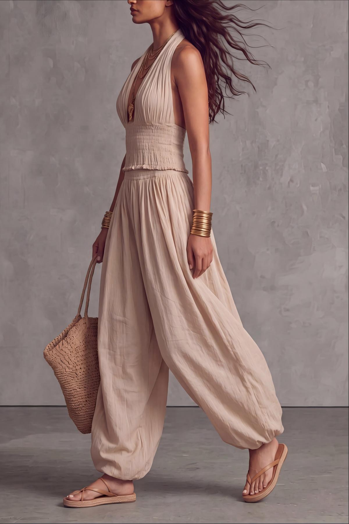 Caelune Halter Backless Wide Pants Set 