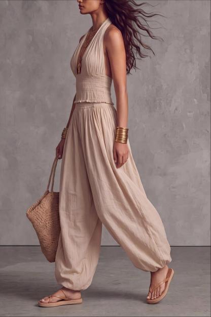 Caelune Halter Backless Wide Pants Set 