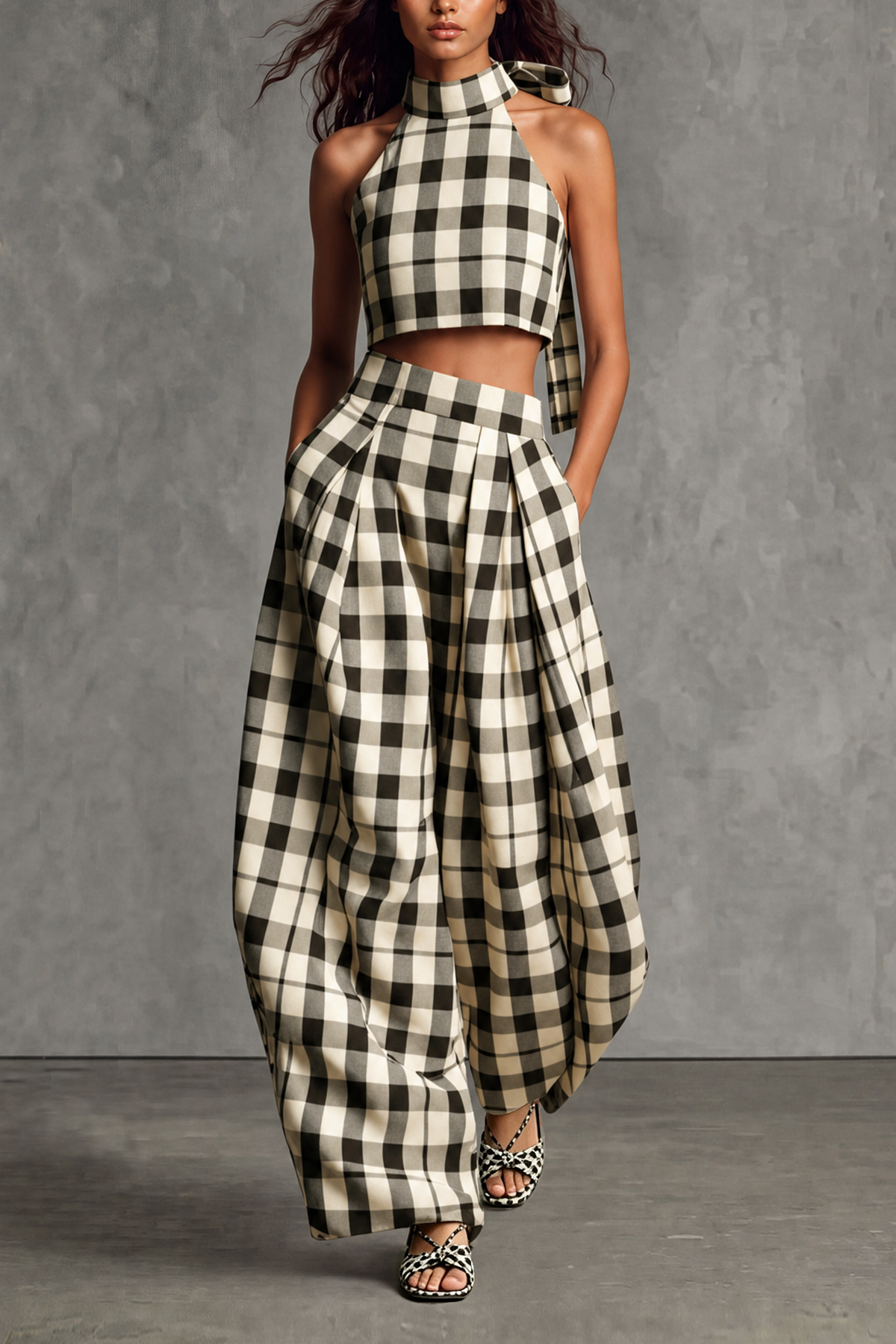 Caelyth Halter Neck Tie Plaid Pants Set