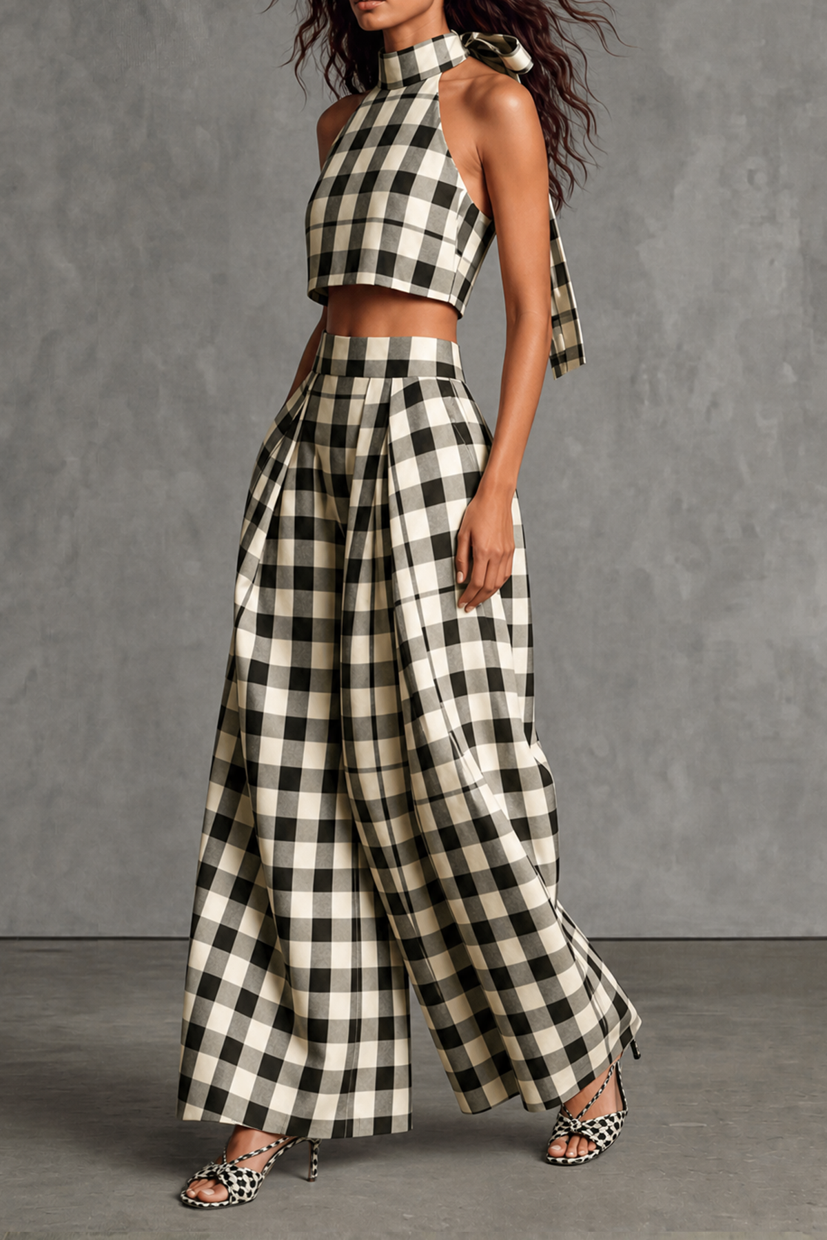 Caelyth Halter Neck Tie Plaid Pants Set