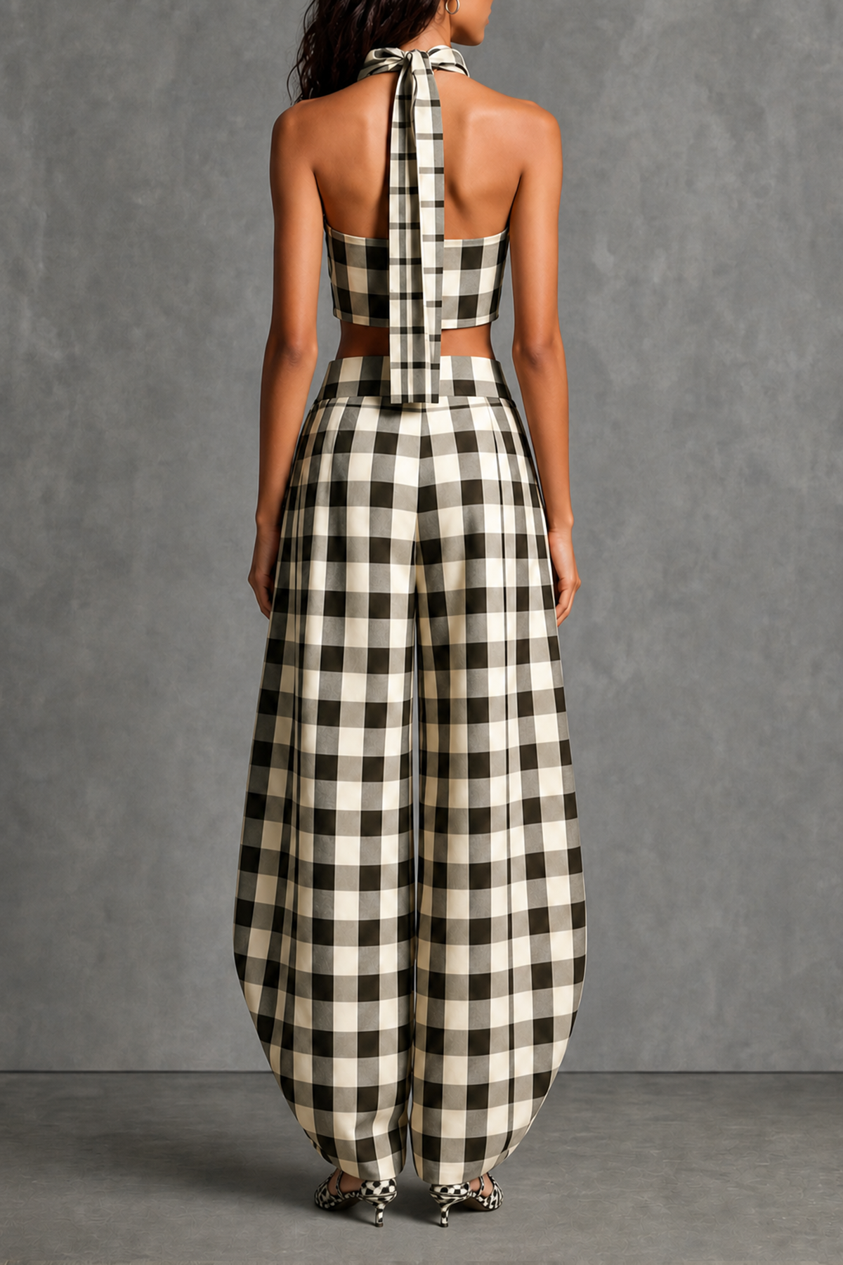 Caelyth Halter Neck Tie Plaid Pants Set