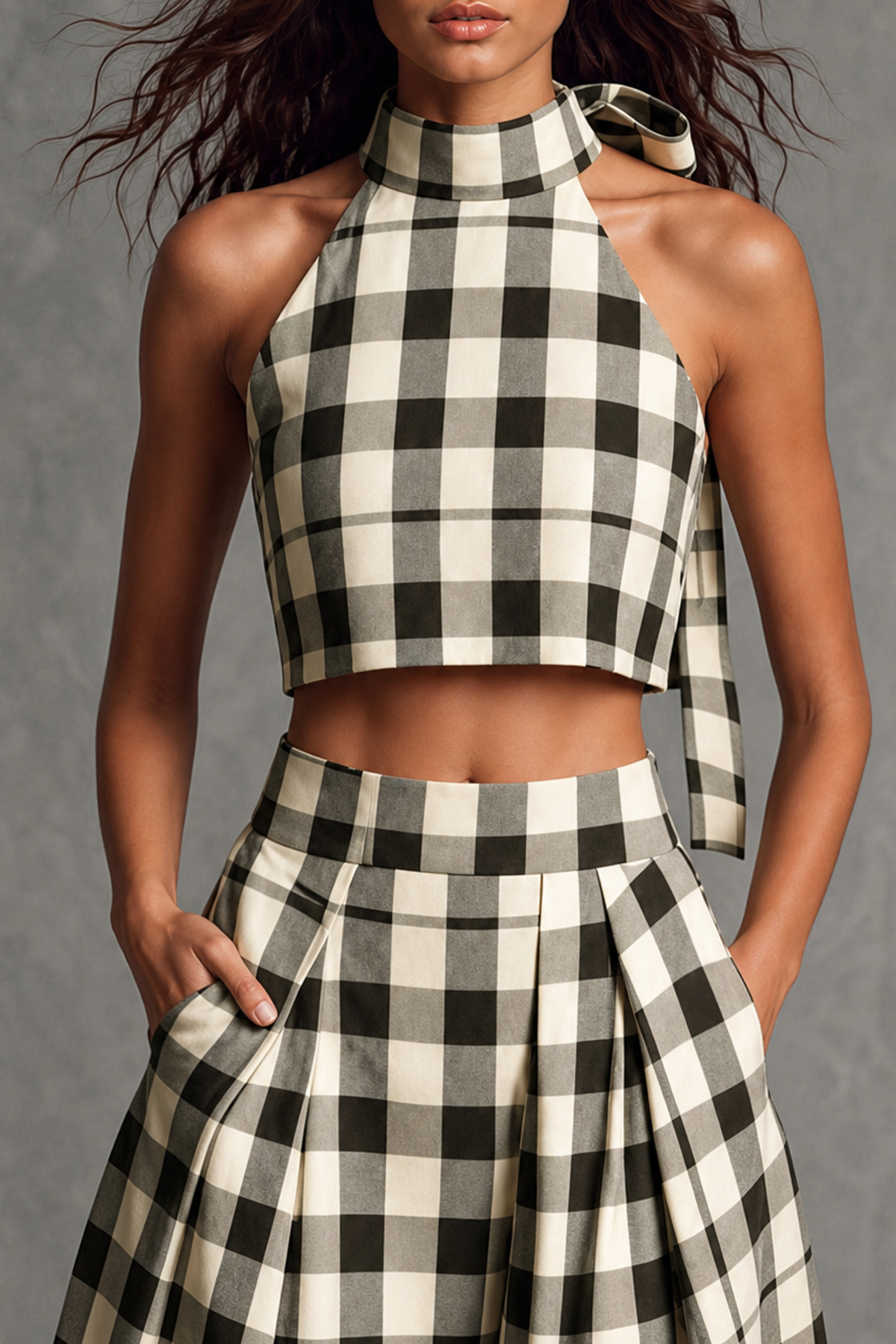 Caelyth Halter Neck Tie Plaid Pants Set