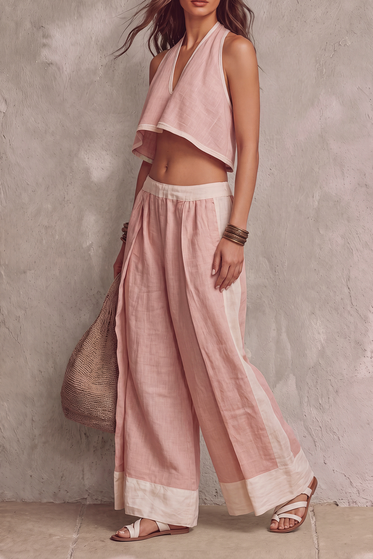 Calviera V Neck Crop Wide Leg Pants Set