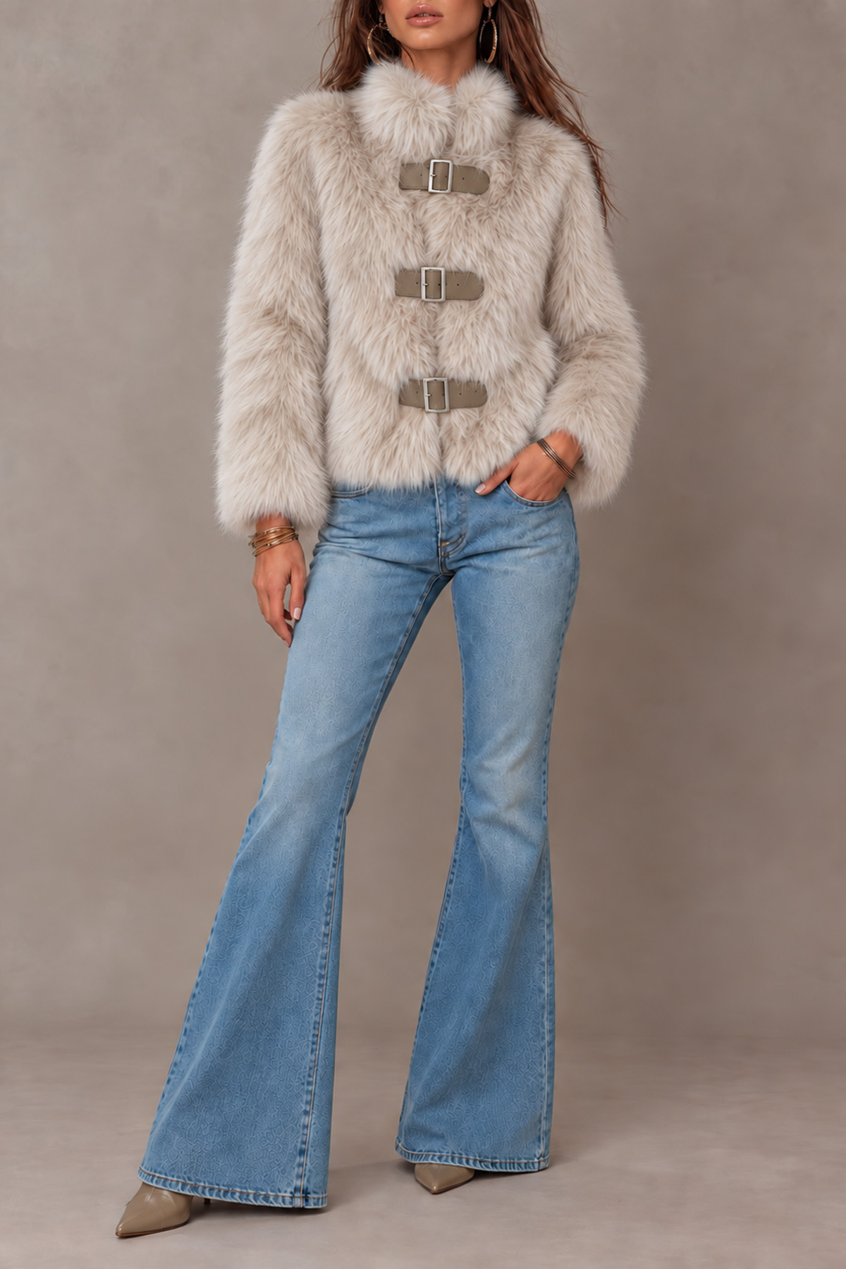 Carys Stand Collar Buckle Fur Coat