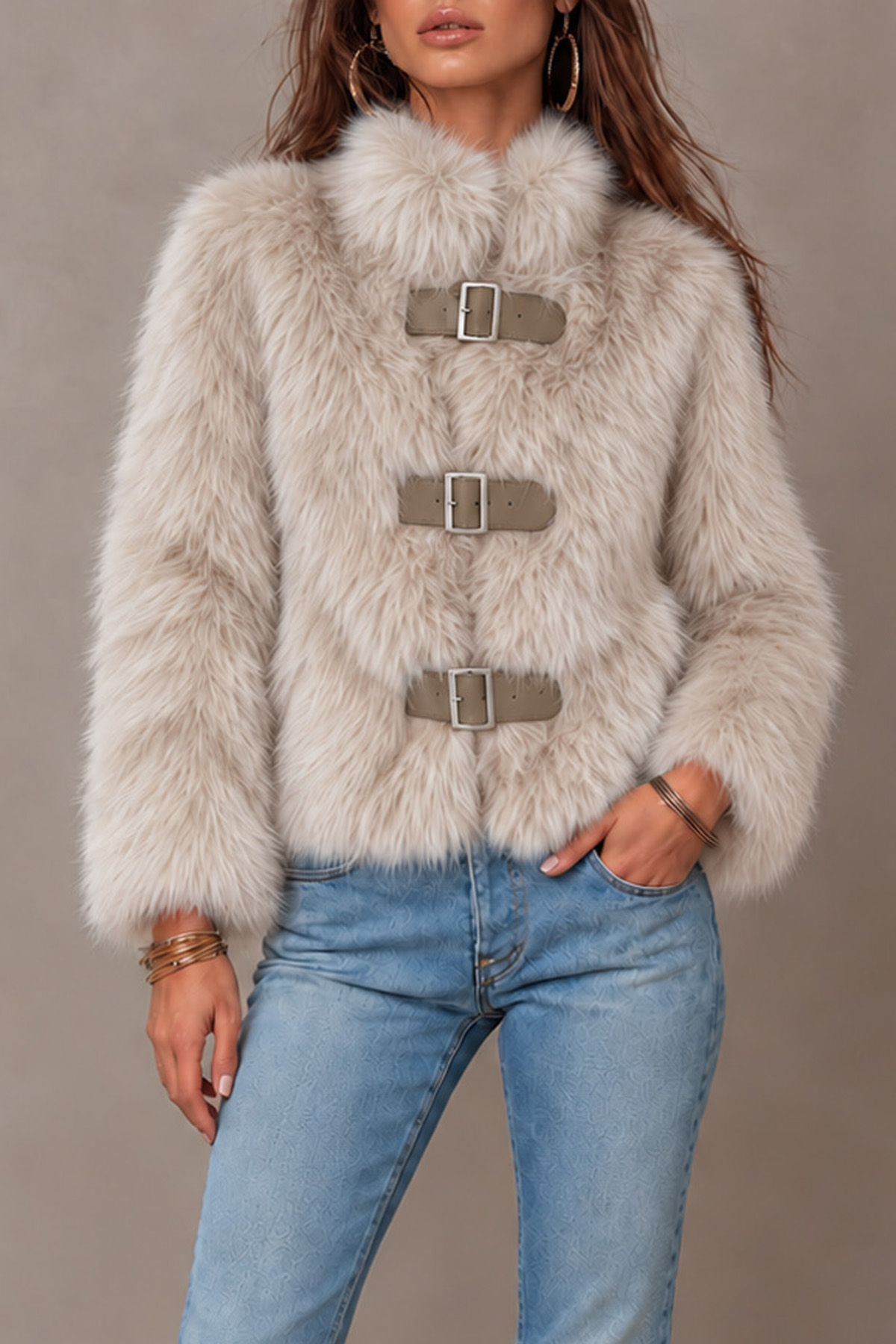 Carys Stand Collar Buckle Fur Coat