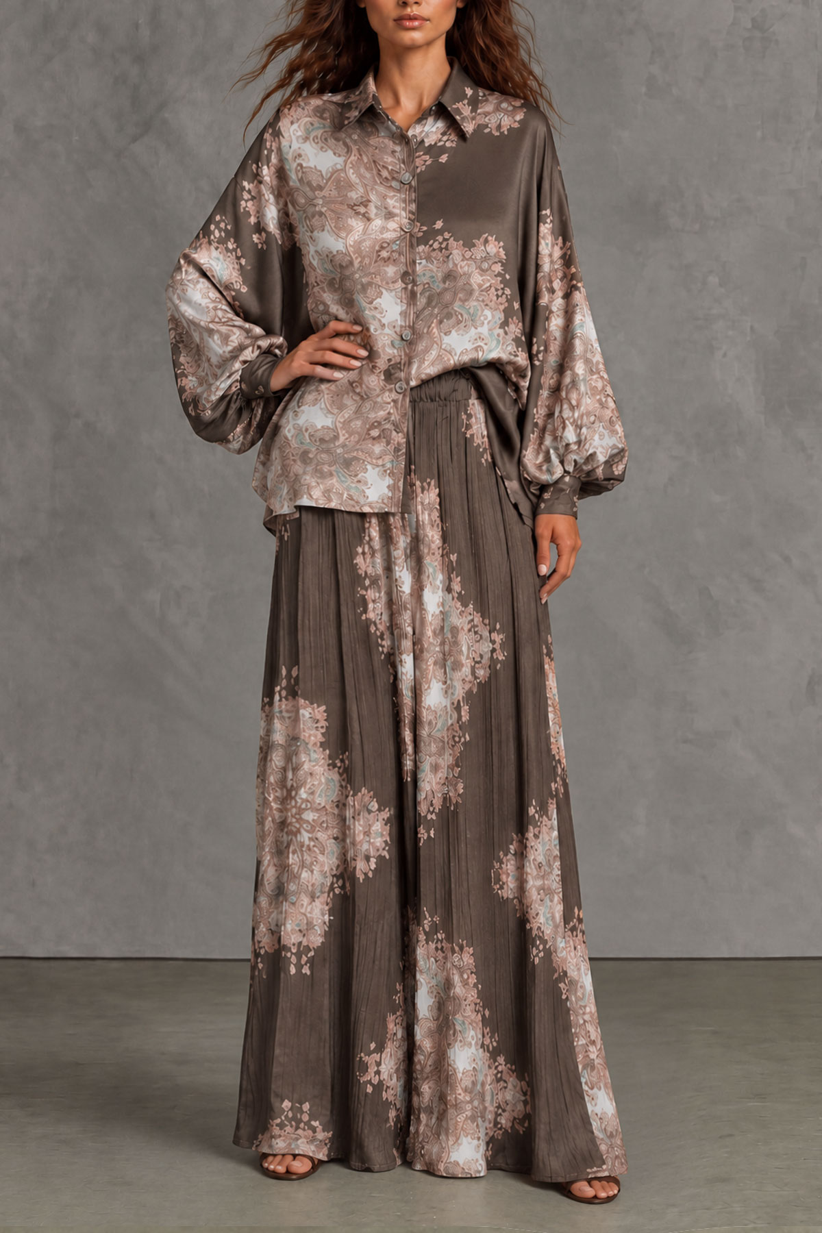 Cassia Print Satin Pleated Pants Set