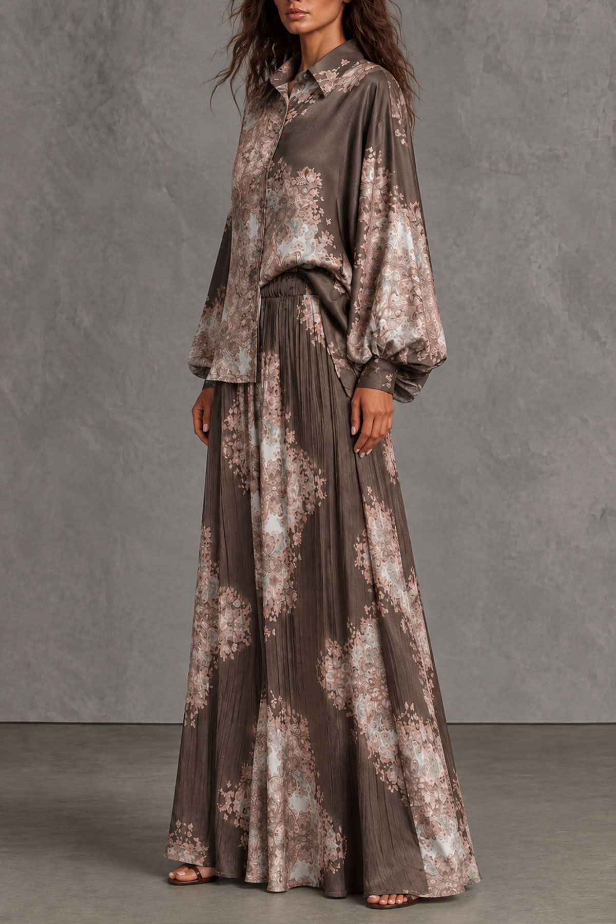 Cassia Print Satin Pleated Pants Set