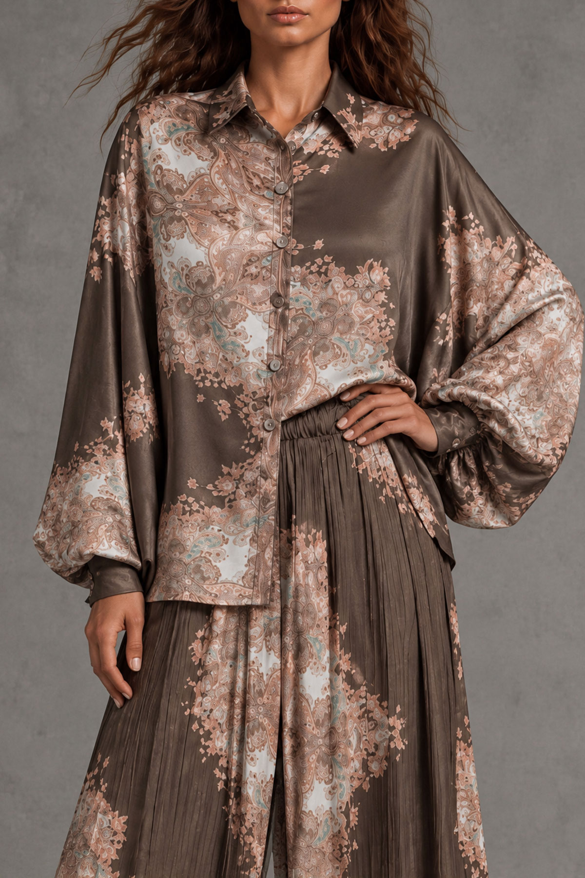 Cassia Print Satin Pleated Pants Set