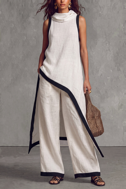 Cavelle Asymmetrical Trim Wide Leg Pants Set