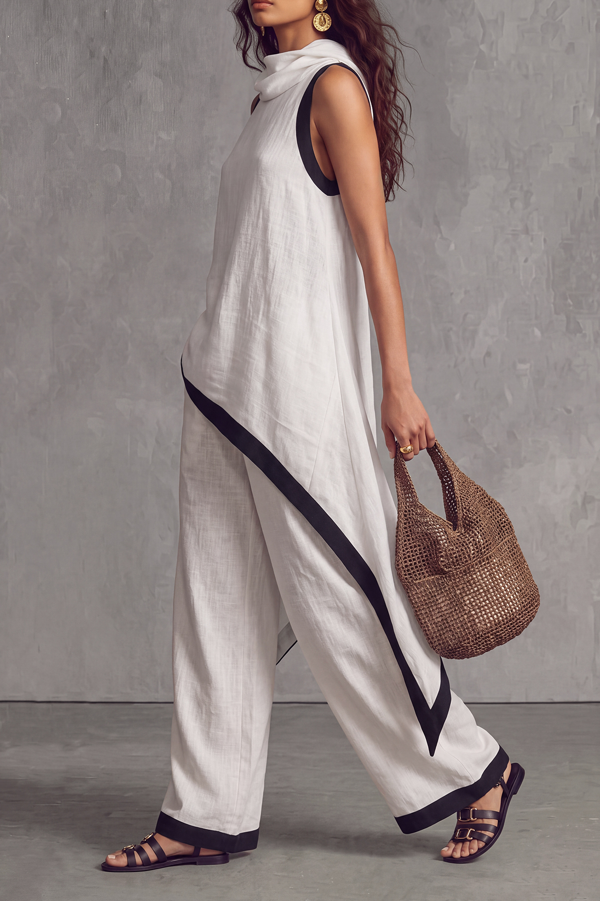 Cavelle Asymmetrical Trim Wide Leg Pants Set