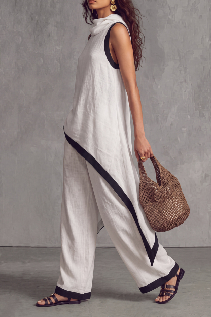 Cavelle Asymmetrical Trim Wide Leg Pants Set